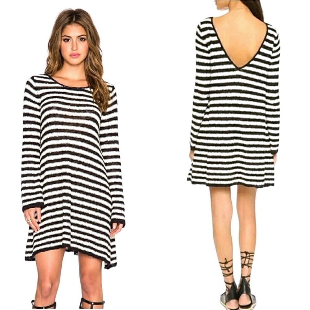 Free People Striped Swing Tunic Dress L Womens V-back Oversized Black Ivory Knit